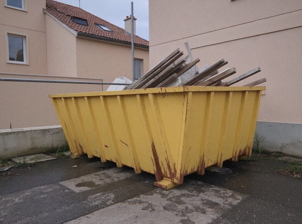 Benne jaune de 10 m³ remplie de tuiles et de liteaux au pied d'un échafaudage près de Lyon