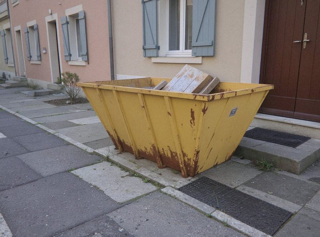 Petite benne jaune de 3 m³ posée dans l'entrée d'une maison de ville près de Lyon