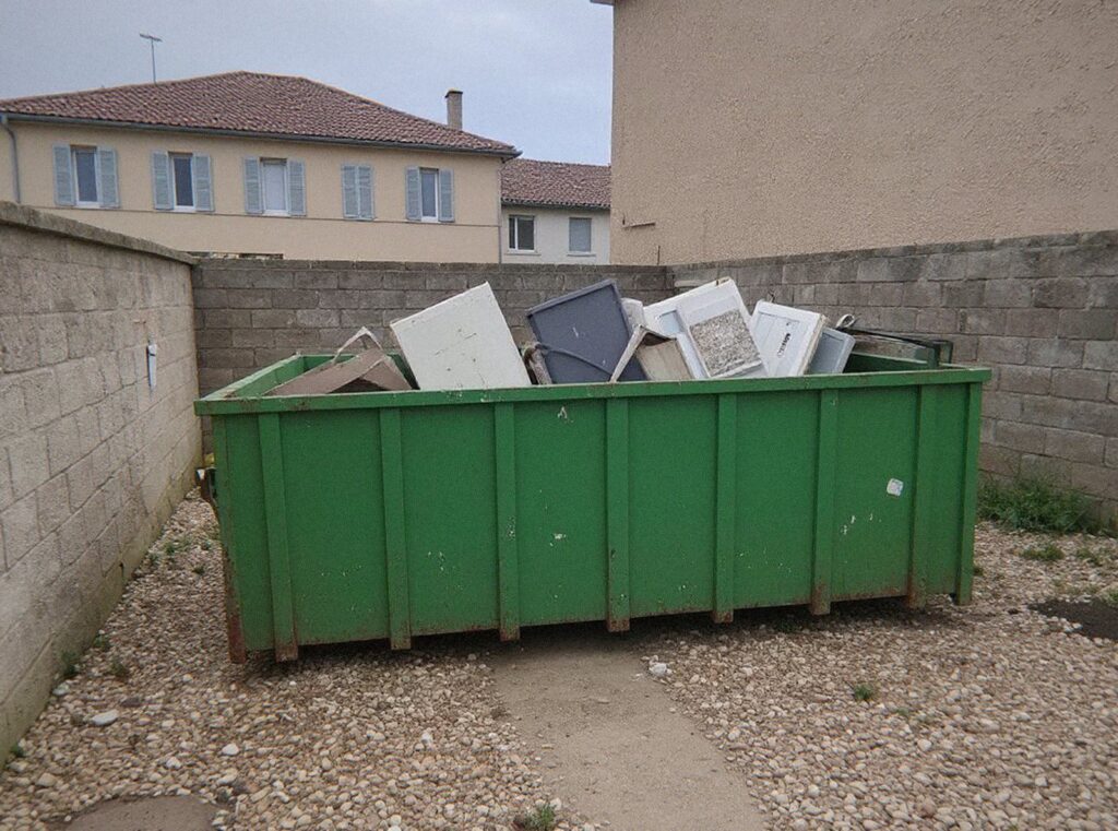 Benne verte de 8 m³ remplie d'éléments de cuisine et de portes dans une cour près de Lyon