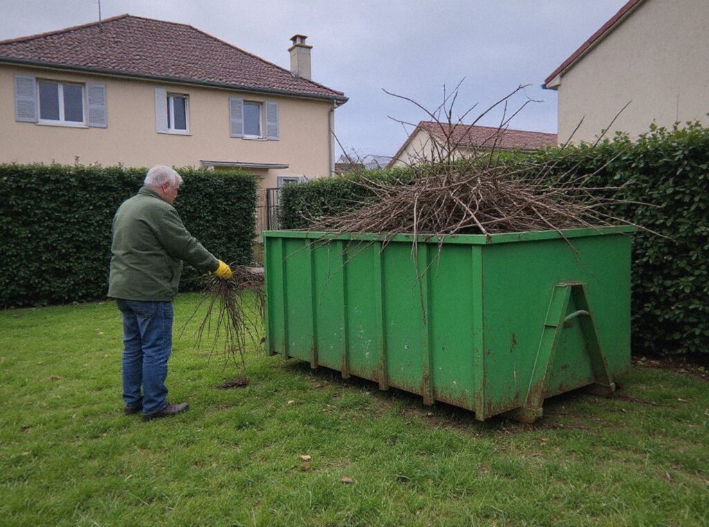 Particulier vu de dos qui charge des branches dans une grande benne verte au fond de son jardin près de Lyon
