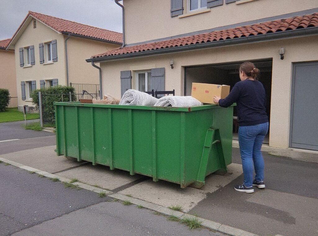 Habitante vue de dos qui pose un carton dans une grande benne à encombrants devant sa maison près de Lyon