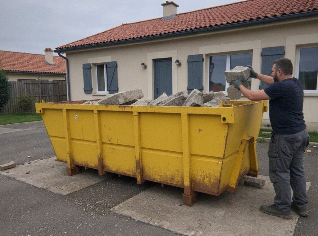 Maçon vu de dos qui jette un parpaing dans une benne jaune pleine de gravats devant une maison près de Lyon