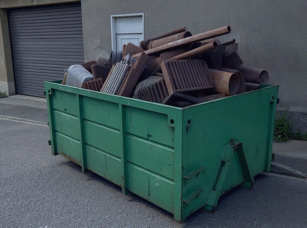 Benne verte remplie de ferraille, de radiateurs et de tuyaux devant un atelier près de Lyon