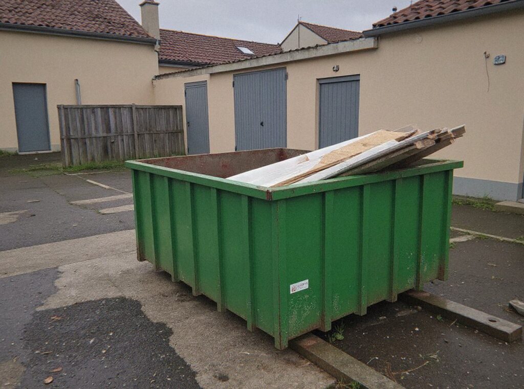 Benne verte à moitié remplie de planches, de plâtre et de déchets de chantier mélangés près de Lyon