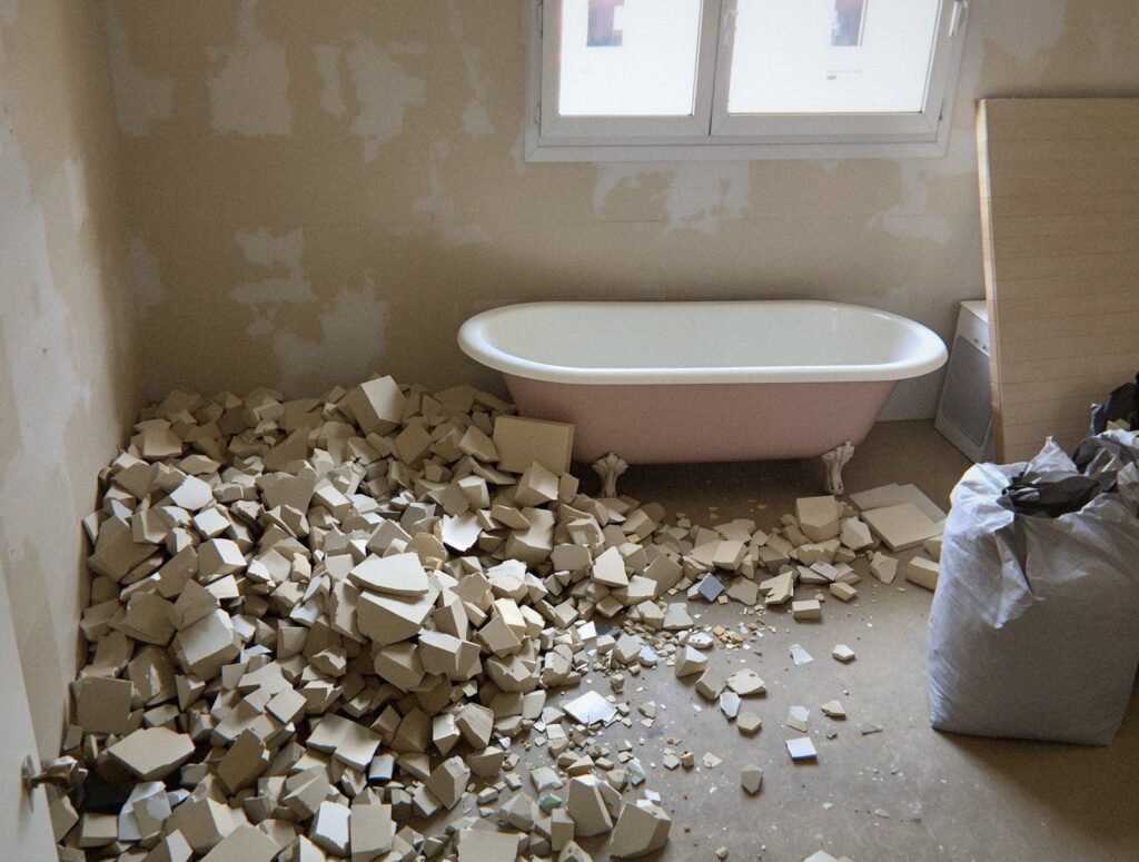 Tas de carrelage cassé et de gravats dans une salle de bain en travaux, photo envoyée pour choisir la taille de la benne